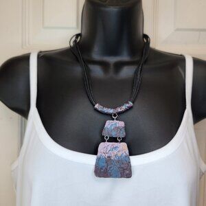 Boho Statement Necklace – Abstract Painted Metal Pendant on Multi-Strand Cord
